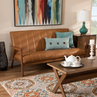 Baxton Studio BBT8011A2-Tan Sofa Nikko Mid-century Modern Tan Faux Leather Upholstered and Walnut Brown finished Wood Sofa